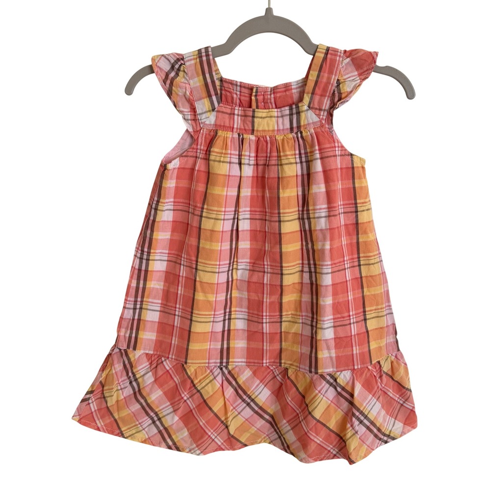 Vintage Y2K Cherokee Girls 3T Orange Plaid Flutter Sleeve Cotton Ruffle Dress